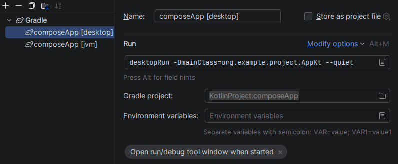 Example of a working configuration for running Desktop Gradle apps
